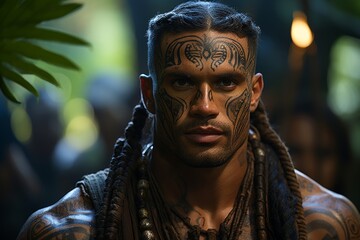 Maori village, in the Polynesian jungle, men  Polynesia tattoo  - obrazy, fototapety, plakaty