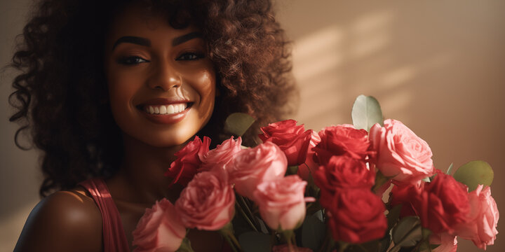 beautiful black woman smiling with bouquet of roses