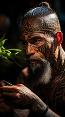Maori village, in the Polynesian jungle, men tattoo  - obrazy, fototapety, plakaty