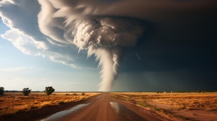 Huge powerful Tornado. Windstorm landscape destruction. Dramatic Atmospheric disturbance