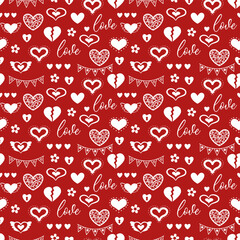 Naklejka premium Hand drawn love hearts and different valentine elements seamless pattern. Vector drawing Love isolated design on white background.