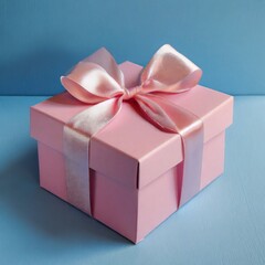 Obraz premium Pink gift box and blue background 
