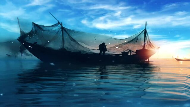 The boat is boarded by fishermen to catch fish with nets and fishing on a cloudy background in the evening, reflection of the sunset, with sparkling transition effects, etc. Generaive Ai