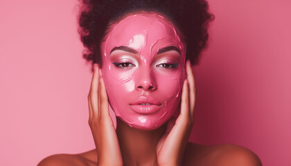 Beautiful african american woman posing with peel-off pink mask on pink background