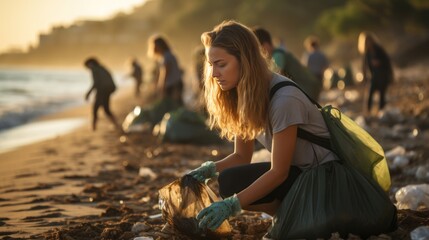 Group of eco volunteers picking up plastic trash on the beach - Activist people collecting garbage protecting the planet - Ocean pollution, environmental conservation and ecology concept. - obrazy, fototapety, plakaty