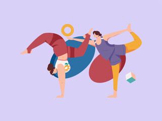 Fototapeta na wymiar Practicing yoga, physical and mental health, flat vector character concept, operation hand drawn illustration 