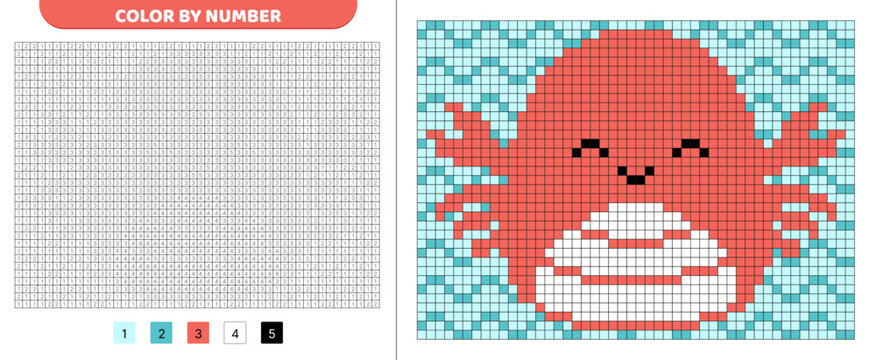 Crab squishmallow. Color by number. Pixel coloring book. Numbered squares. Game for kids