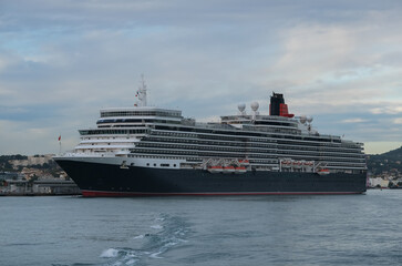 Classic british luxury ocean liner cruiseship cruise ship in Toulon, Provence port with red, black...