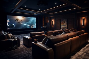 A high-tech home cinema with a large screen, surround sound, and plush seating, providing an immersive movie-watching experience in the comfort of home. - obrazy, fototapety, plakaty