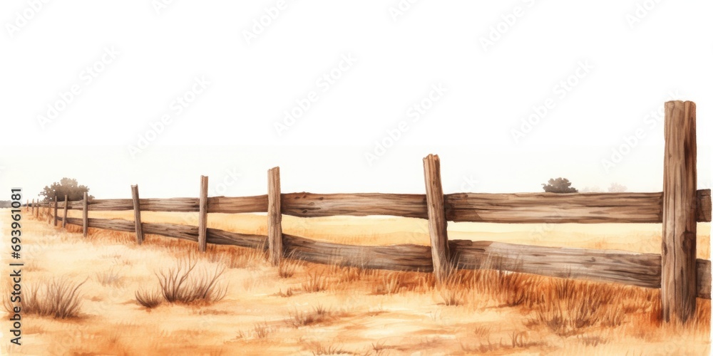 Poster a painting depicting a wooden fence in a picturesque field. perfect for adding a rustic touch to any
