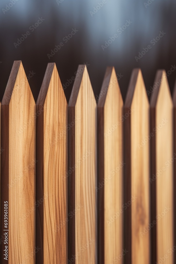 Poster A close-up view of a wooden fence with a blurry background. Perfect for adding a rustic touch to your designs or projects