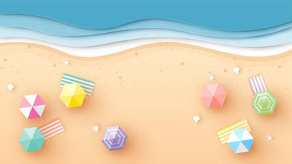 Top view beach background with umbrellas, beach blanket and sea. aerial view of summer beach in paper craft style. paper cut and craft style. vector, illustration. - obrazy, fototapety, plakaty
