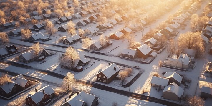 A Captivating Aerial View Of A Neighborhood Covered In Pristine White Snow. Perfect For Winter-themed Projects Or Showcasing The Beauty Of A Snowy Landscape