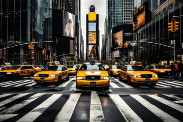Vibrant Intersection in New York City with a Bustling Flow of Taxis and Pedestrian Crossings