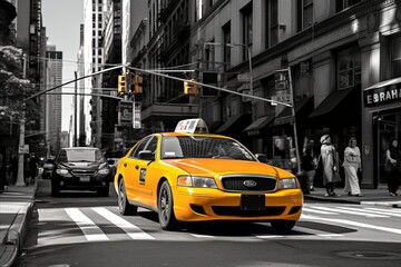 Vibrant New York City Street Scene. Busy Intersection with Pedestrian Crossings and Yellow Taxi Cabs