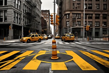 Busy New York City intersection with pedestrian crossings and yellow taxi cars in motion