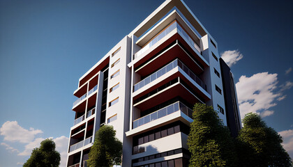 Exterior view of a modern apartment condominium building with white and glass, stucco and wood accents against a blue sky, Background, Ai generated image.