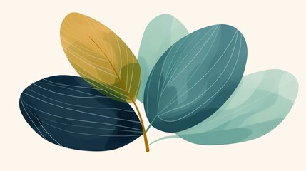 Floral illustration in minimalist style. Garden elements. Trees, leaves, plants, branches. Bright colors