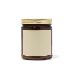 Product photo of Amber glass candle with gold lid and tan label isolated on white background 