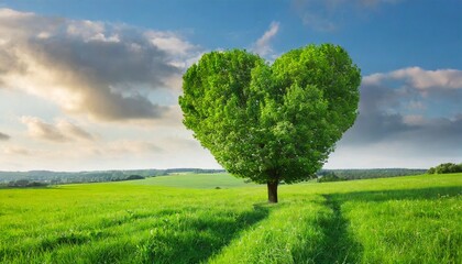 Fototapeta na wymiar Heart-shaped green tree in the meadow