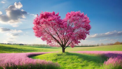 Obraz na płótnie Canvas Heart-shaped pink tree in the meadow