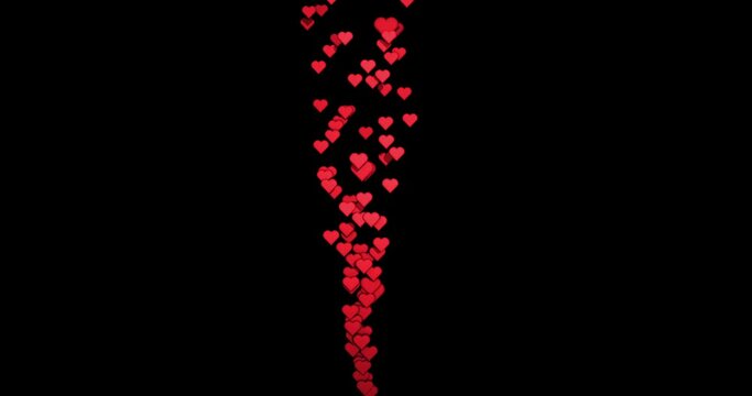 A rising stream of voluminous red hearts on a black background. A stream of likes. Valentine's Day. Abstract animation.