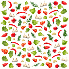 Seamless pattern with fresh colored vegetables on a white background. Packaging, textiles, banners.