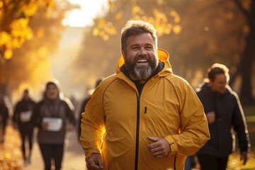 Cheerful fat man in sportswear running in an autumn park, soft colors of daylight. The concept of fighting excess weight, losing weight and morning jogging.