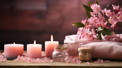 Obraz na płótnie Canvas Cosmetics for spa treatments in pink colors: massage stones, candles, folded towels, plants and flowers on a wooden table. Copy space. 