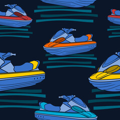 Editable Front Oblique View Personal Watercraft or Water Scooter in Various Colors on Calm Water Vector Illustration as Seamless Pattern With Dark Background for Transportation or Recreation Design