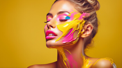 Fototapeta premium Gold Paint smudges drips from the face. Beauty woman makeup close up