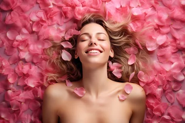Deurstickers Young blonde European woman having orgasm. Beautiful woman with open mouth and closed eyes enjoying sex lying among rose petals. Sexual experience, getting sexual pleasure, masturbation, cunnilingus. © Magryt