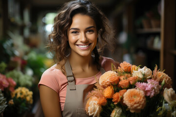 A young woman florist, holds flowers in her hands and smiles.