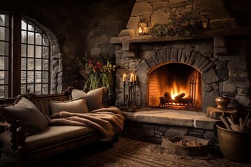 A rustic sitting area with a stone fireplace, adorned with dried flower arrangements and a plush area rug underfoot - obrazy, fototapety, plakaty
