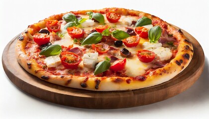 Delicious pizza served on wooden plate isolated on white 