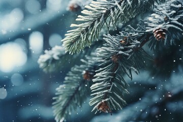 Snow fall in winter forest. Christmas new year magic. Blue spruce fir tree branches detail. Banner image - obrazy, fototapety, plakaty