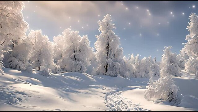 Snow covered trees in morning sunrising and lightly snow falling background, Seamless loopable background