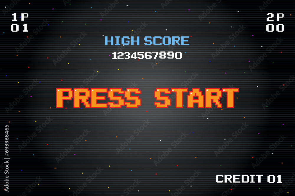 Poster press start insert a coin to continue. pixel art .8 bit game. retro game. for game assets in vector 