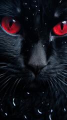 a close-up shot of black cat with red eyes