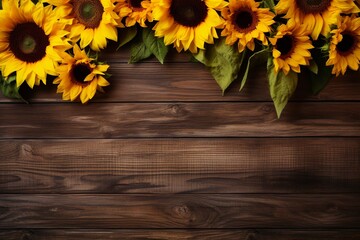 Sunflowers on wooden board copy space
