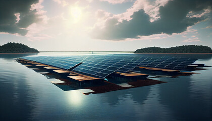 floating solar farm on a serene lake, harnessing solar energy while minimizing land use background, Ai generated image.