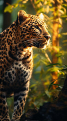 a leopard walking in forest during sunset