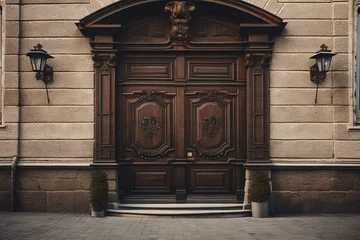 Fototapete Alte Türen Vintage brown wooden front door on the façade of a building with windows