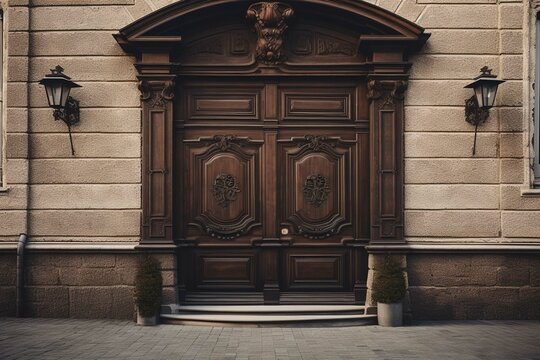 Vintage brown wooden front door on the façade of a building with windows