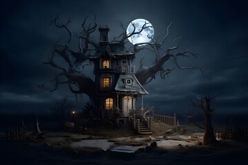 Fototapeta na wymiar Halloween spooky pumpkin scary background with haunted house and full moon - Ai Generated