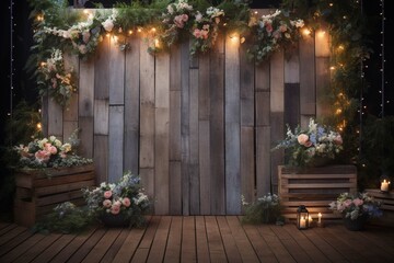 Fototapeta na wymiar Wedding background of boards, decorated with light bulbs and flowers