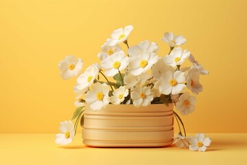 White flowers in wooden basket on yellow spring background 