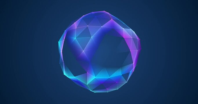 A rotating, deformable transparent icosphere, shimmering with the colors of the rainbow. Blue background. Abstract animation.