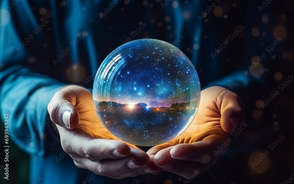 Sticker crystal ball in hand,created with generative ai tecnology.