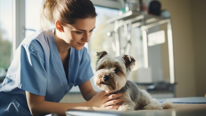 female veterinarian checking a dog